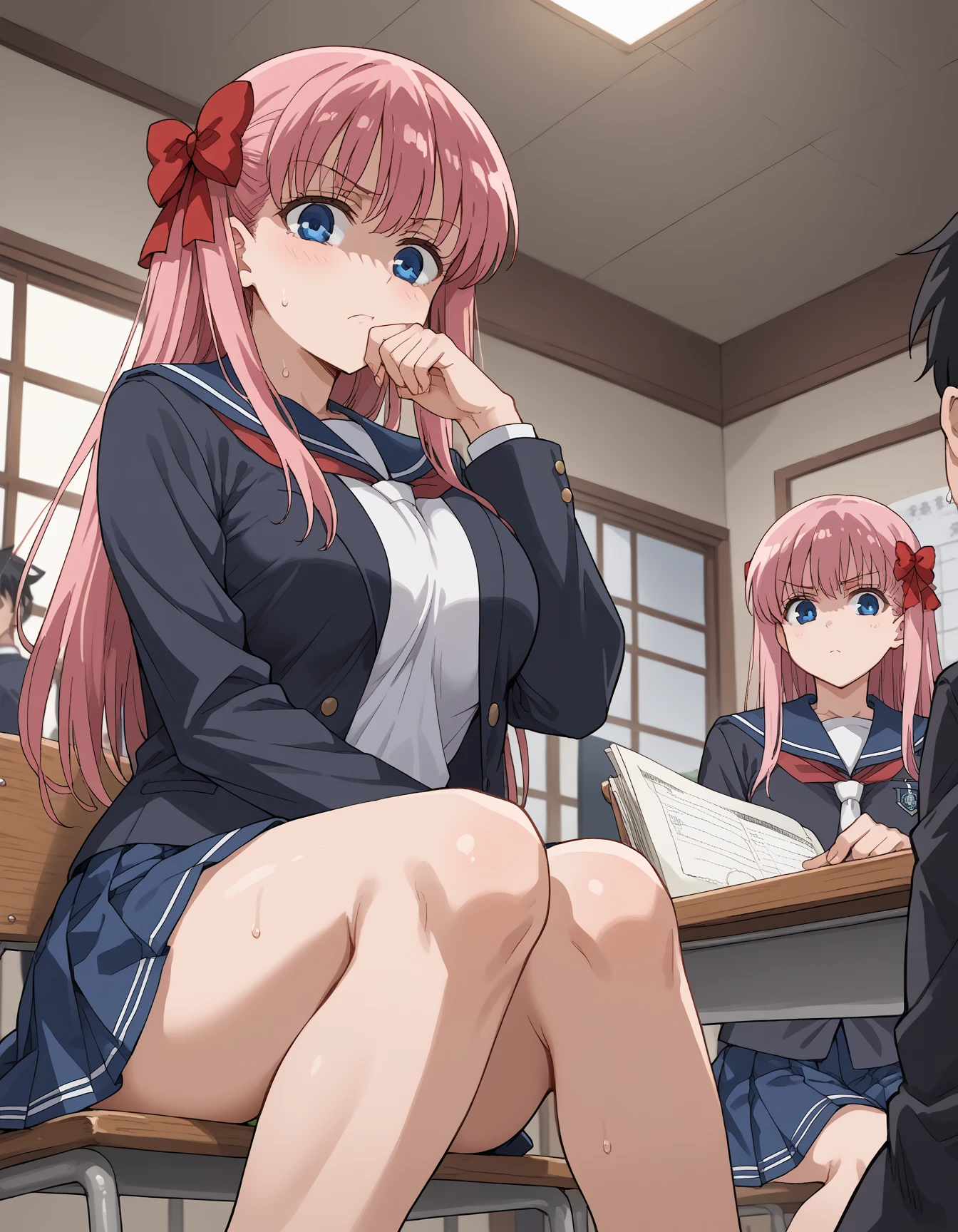 high school girl、Dressed in high 、School classroom、(Big Breasts)、((独奏))、smirk,Cheek resting on hand、Crossing legs