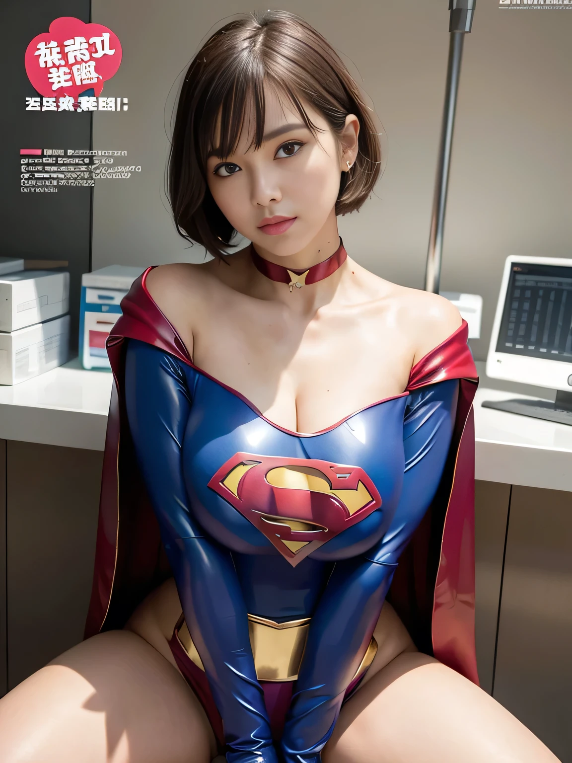 masterpiece、Rubber Supergirl Costume、Brown short hair、Red rubber long boots、Big and ample breasts、looking at the camera、choker、Long sleeve、Cape、mini skirt、Off the shoulder、Sweaty skin、Hospital room、Photo magazine cover、seiza、Sit down and show off your beautiful legs、Knee-length boots、wallpaper for pc、
