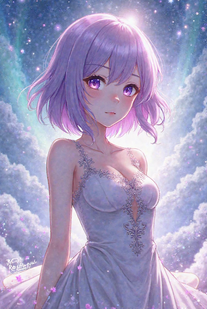 Short lilac hair and lilac eyes,Nique,Beautiful as a fairy,Small breasts,White Dress,A melancholic look that stirs affection,profile,Floating Hair,Particles of light,Vivid,Fancy,dream-like,Dim atomic space,(Adult women)(Mayo Shono)、Brown hair long hair、Long center part(Odd Eye,1,5)、(Suzunone Seven),Brown suit、manager