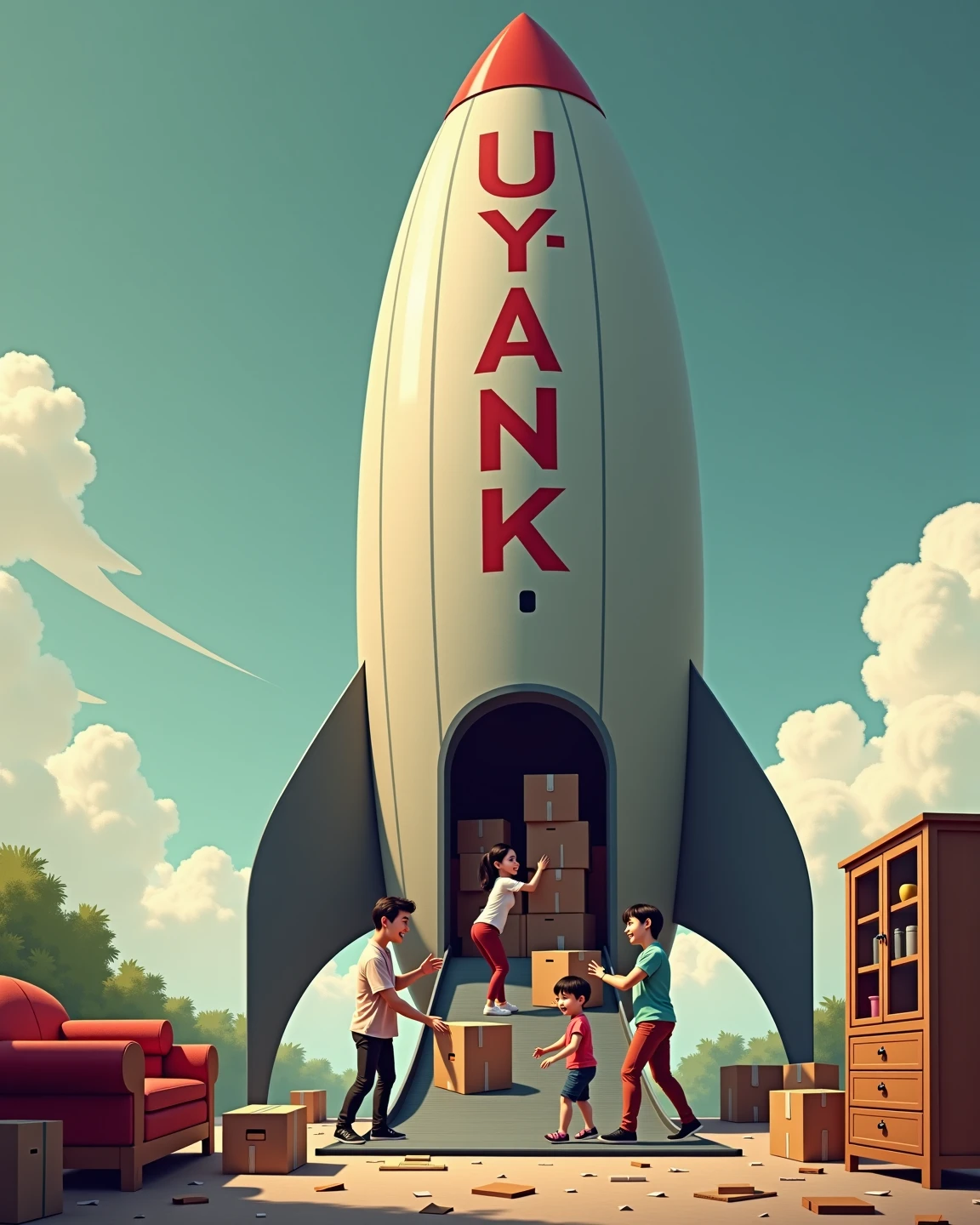 A hyperrealistic image of a retro-futuristic rocket ship on a landing pad. The rocket is branded in dull red letters with text that says "U-Yank". There are cardboard moving boxes all around the landing pad with labels. A family of 4 is loading boxes onto a conveyor belt that goes into the rocket ship. There's a couch and a China cabinet waiting to be loaded in. Moving day. Liminal vibes. 
