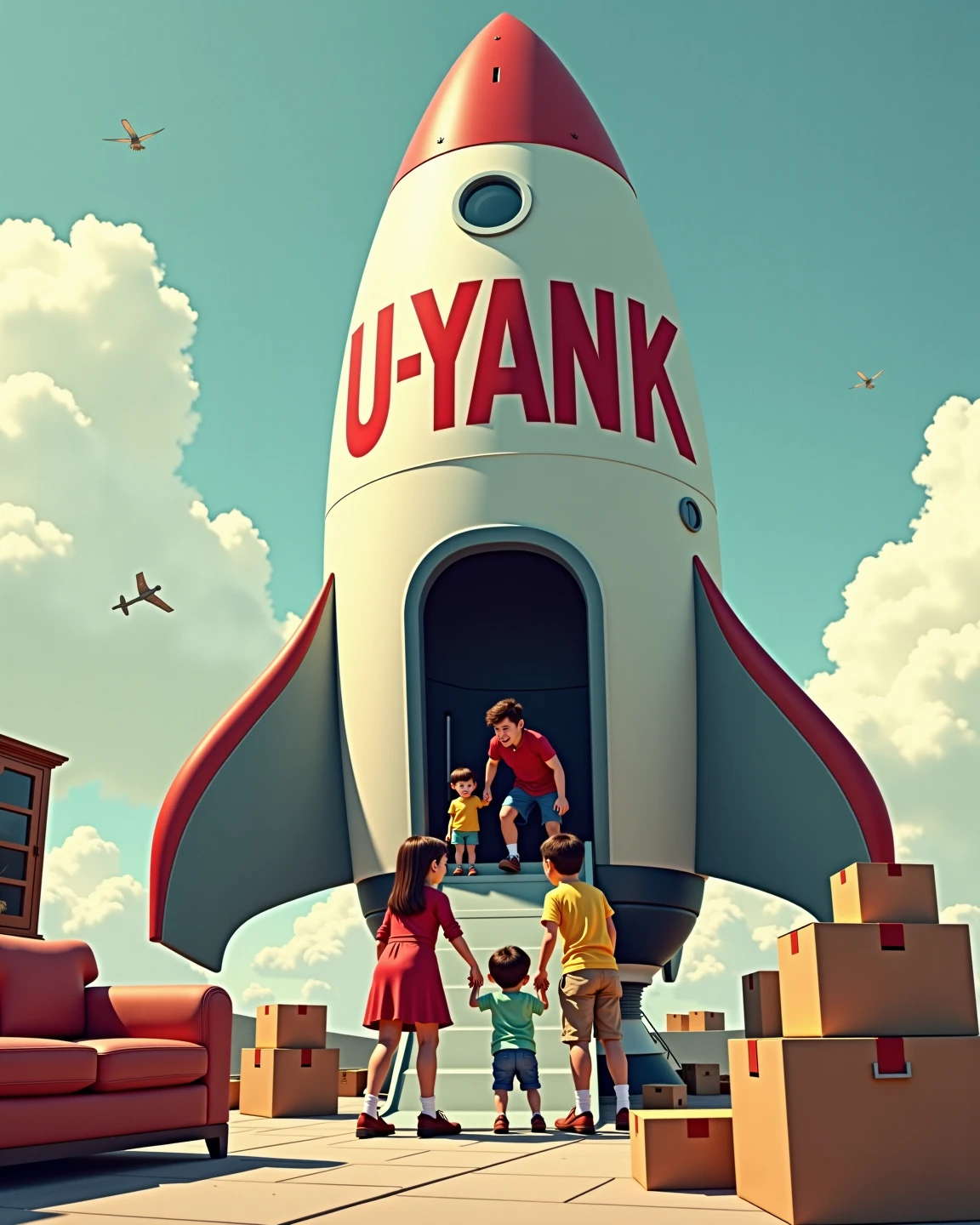 A hyperrealistic image of a retro-futuristic rocket ship on a landing pad. The rocket is branded in dull red letters with text that says "U-Yank". There are cardboard moving boxes all around the landing pad with labels. A family of 4 is loading boxes onto a conveyor belt that goes into the rocket ship. There's a couch and a China cabinet waiting to be loaded in. Moving day. Liminal vibes. 