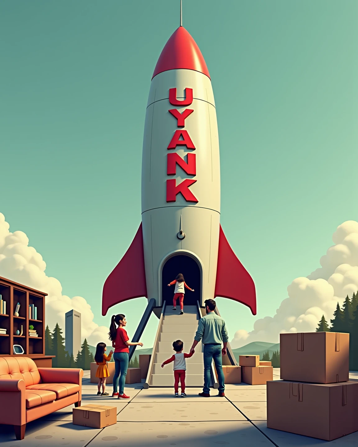 A hyperrealistic image of a retro-futuristic rocket ship on a landing pad. The rocket is branded in dull red letters with text that says "U-Yank". There are cardboard moving boxes all around the landing pad with labels. A family of 4 is loading boxes onto a conveyor belt that goes into the rocket ship. There's a couch and a China cabinet waiting to be loaded in. Moving day. Liminal vibes. 