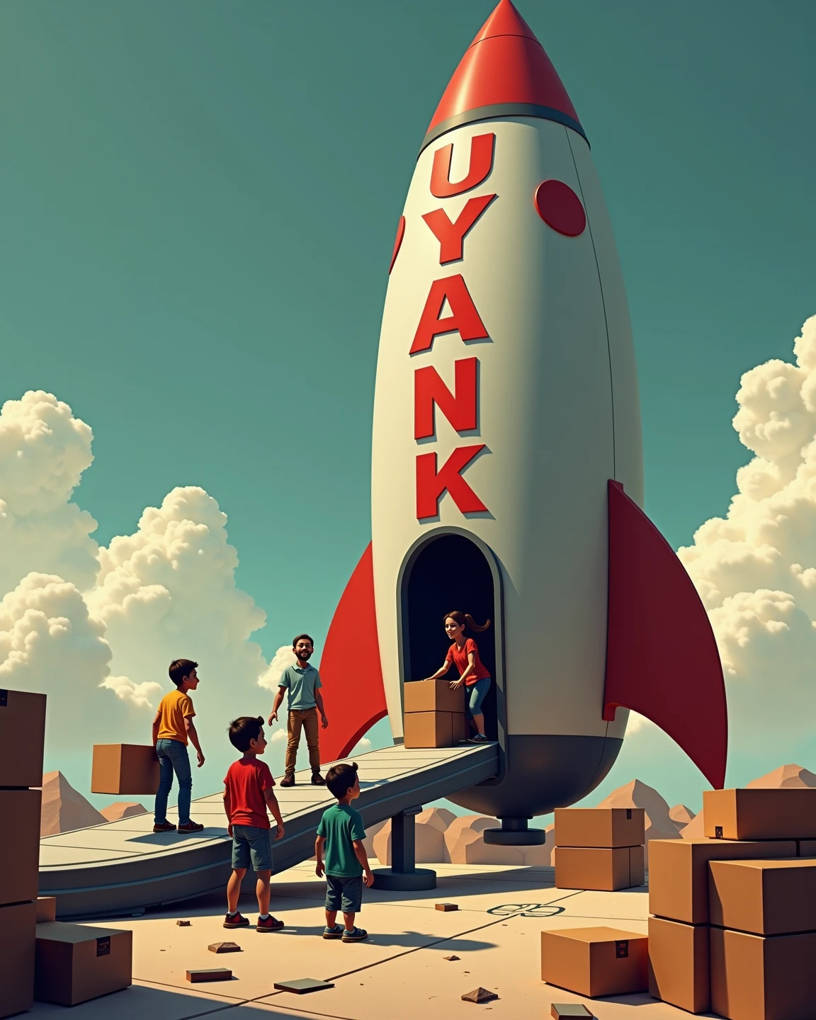 A hyperrealistic image of a retro-futuristic rocket ship on a landing pad. The rocket is branded in dull red letters with text that says "U-Yank". There are cardboard moving boxes all around the landing pad with labels. A family of 4 is loading boxes onto a conveyor belt that goes into the rocket ship. There's a couch and a China cabinet waiting to be loaded in. Moving day. Liminal vibes. 