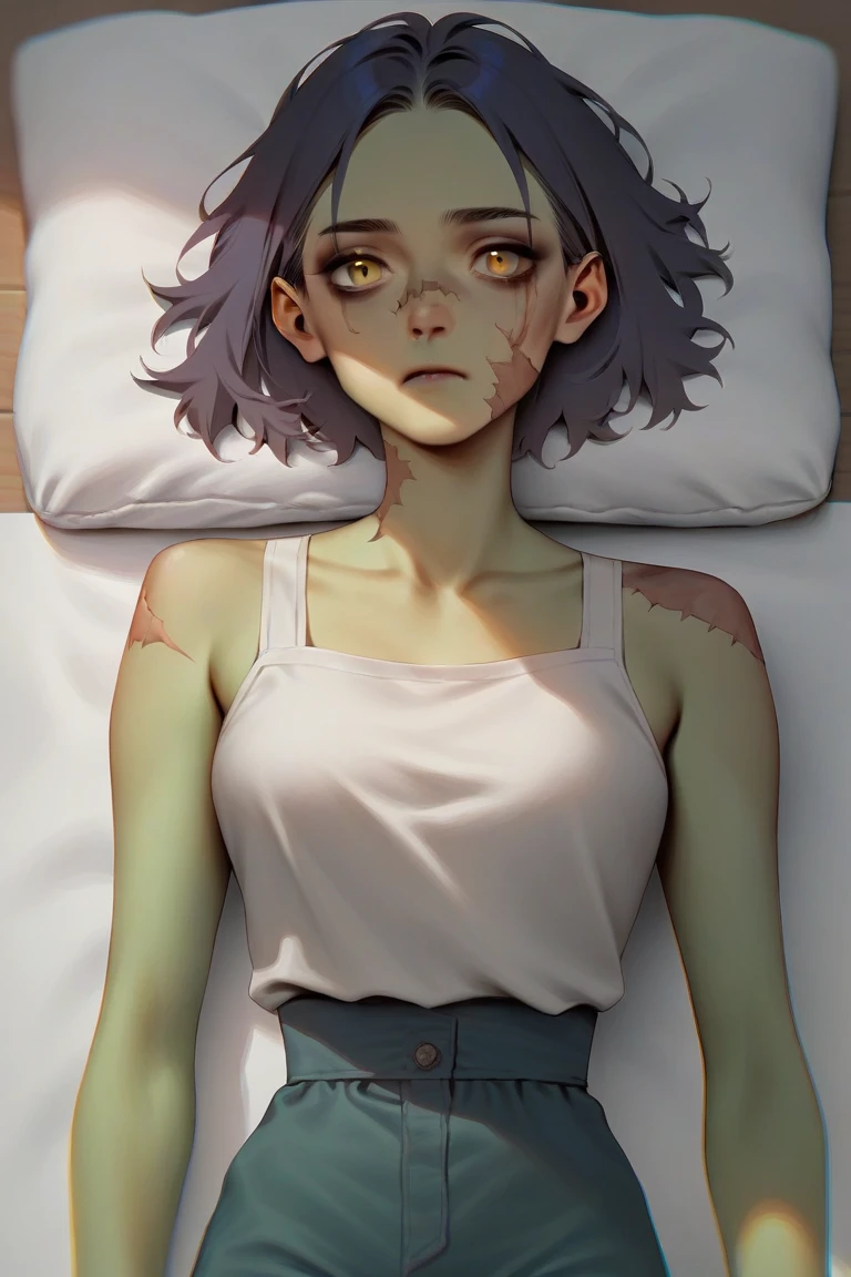 score_9, score_8_up, score_7_up, sera, black avian, purple eyes, tired eyes, bags under eyes, puffed up feathered chest fluff, messy black hair, female, lying ln a messy bed, from above, hair covering one eye, an alarm clock next to her bed on a nightstand, pained expression, wearing only an oversized large white t shirt, exposed shoulder, black thong,