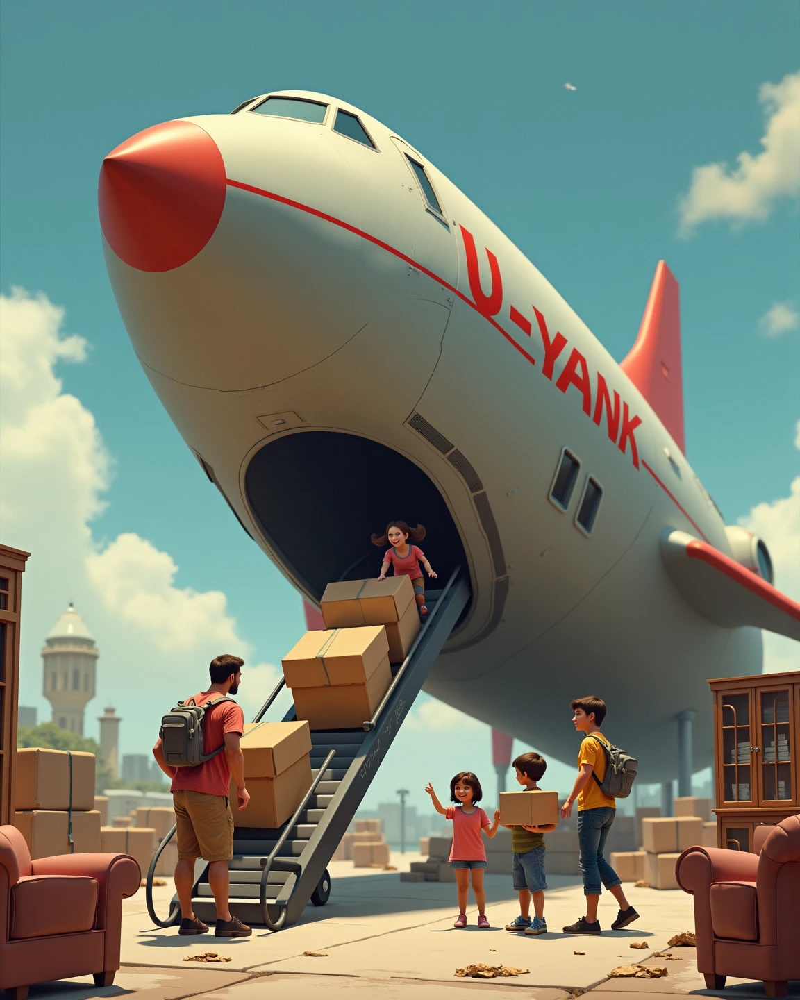 A hyperrealistic image of a retro-futuristic rocket ship on a landing pad. The rocket is branded in dull red letters with text that says "U-Yank". There are cardboard moving boxes all around the landing pad with labels. A family of 4 is loading boxes onto a conveyor belt that goes into the rocket ship. There's a couch and a China cabinet waiting to be loaded in. Moving day. Liminal vibes. 