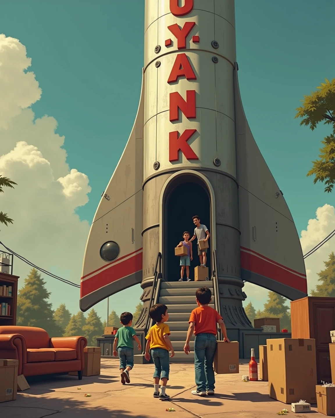 A hyperrealistic image of a retro-futuristic rocket ship on a landing pad. The rocket is branded in dull red letters with text that says "U-Yank". There are cardboard moving boxes all around the landing pad with labels. A family of 4 is loading boxes onto a conveyor belt that goes into the rocket ship. There's a couch and a China cabinet waiting to be loaded in. Moving day. Liminal vibes. 
