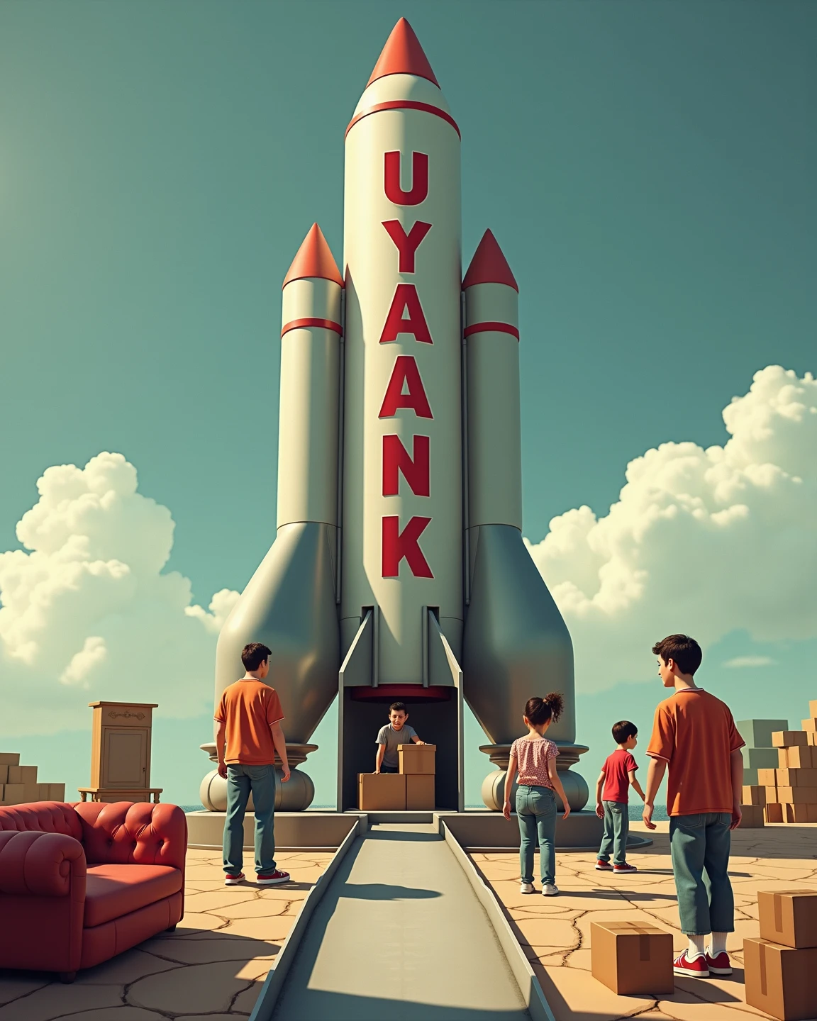 A hyperrealistic image of a retro-futuristic rocket ship on a landing pad. The rocket is branded in dull red letters with text that says "U-Yank". There are cardboard moving boxes all around the landing pad with labels. A family of 4 is loading boxes onto a conveyor belt that goes into the rocket ship. There's a couch and a China cabinet waiting to be loaded in. Moving day. Liminal vibes. 