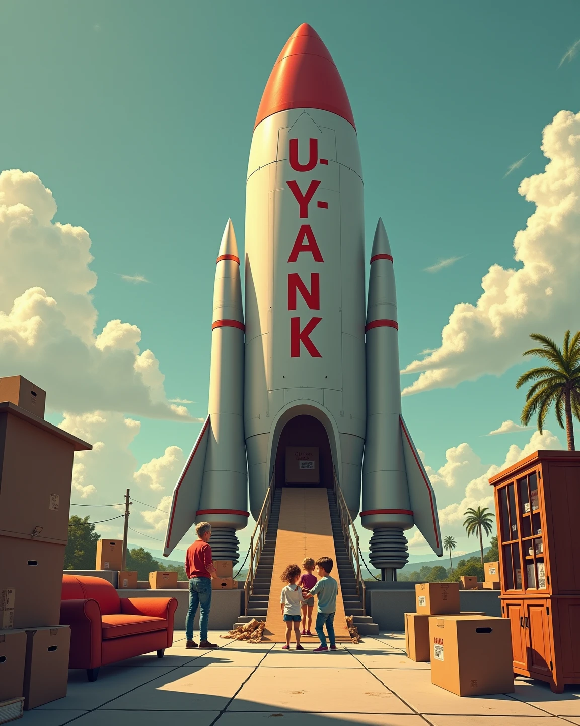 A hyperrealistic image of a retro-futuristic rocket ship on a landing pad. The rocket is branded in dull red letters with text that says "U-Yank". There are cardboard moving boxes all around the landing pad with labels. A family of 4 is loading boxes onto a conveyor belt that goes into the rocket ship. There's a couch and a China cabinet waiting to be loaded in. Moving day. Liminal vibes. 