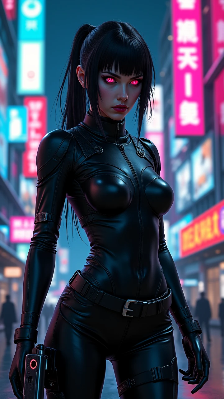 ultra realistic, (masterpiece), (best quality), extremely delicate and beautiful, long black straight hair, elegant hair, (30 years old, hazel eyes, hourglass figure, perfect fit body, natural big breasts), ((perfect female figure)), rider girl, bodysuit, twintails, cyberpunk city background, helmet, riding a motorbike