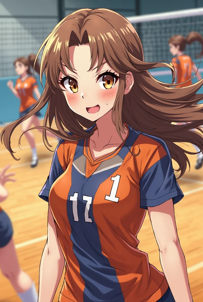 unity 8k wallpaper, anatomically correct, (((masterpiece))), (((best quality))), (((ultra detailed))), (((high-resolution))), ((super fine illustration)), ((Ultimate cutie)), ((detailed beautiful face)), ((perfect hands)), ((perfect finger)), (((good anatomy))), Solo, One girl, 17 years old, (potbelly), (Curve), medium breasts, ((thick thighs)), Shiny hair, ((evil smile)), (smirk), (blush)), BREAK, Adidas, (((Buruma))), (Sleeveless collared Volleyball Uniforms), head band, ((wristbands)), ((Kneepads)), BREAK, ((Hold a beautiful spherical 6-inch volleyball with both hands)), (leaning forward), ((Sweat)), (perspired), (Heavy breathing), in gymnasium, in volleyball court, depth of field, strong light, ((Looking down)), cowboy shot