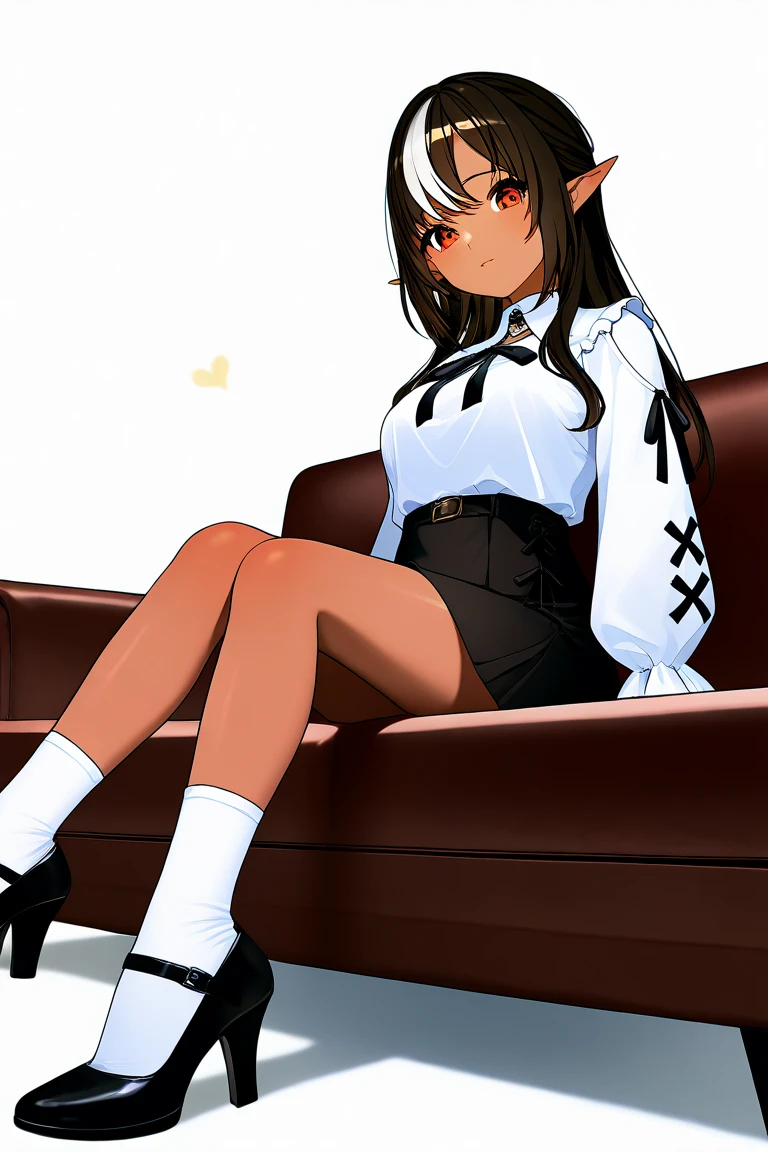 1 woman, high quality, mini skirt, sitting on chair with her feet up, white socks, showing panties, looking down at you, smirk,