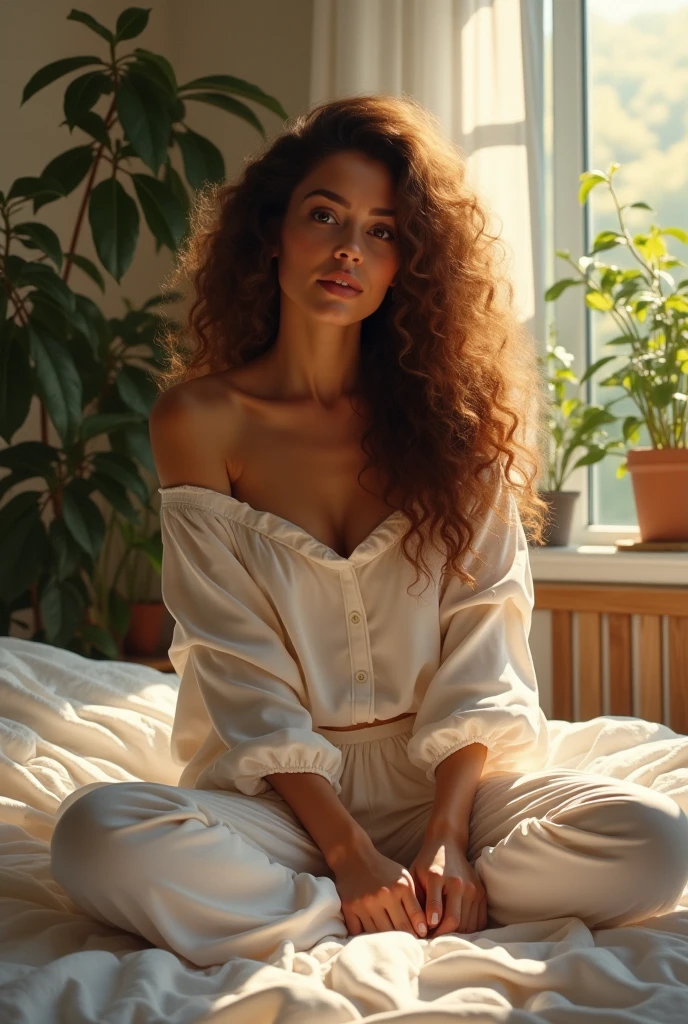 (photorealism:1.2), beautiful woman, sitting on bed, wearing loose off-shoulder top, pajama pants, long curly hair, indoors, soft lighting, plants in background, window with sunlight, cozy room, relaxed pose, realistic, intricate details, warm colors, by Greg Rutkowski, by Alphonse Mucha