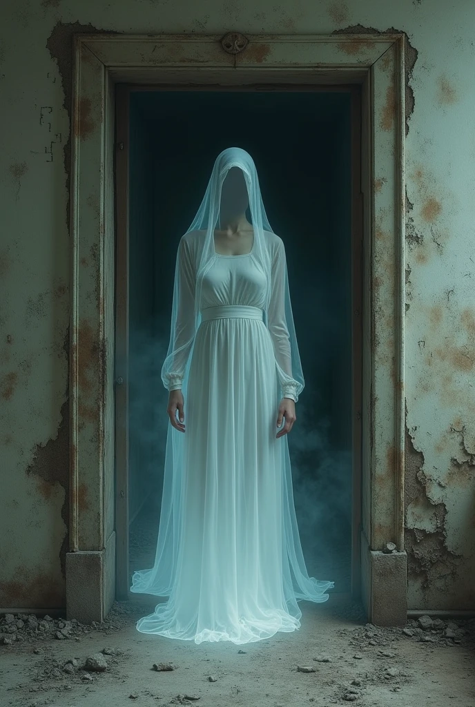 Mulher fantasma assustadora totalmente nua, all covered by a transparent cloth in the abandoned building, ambiente dark e aterrorizante,