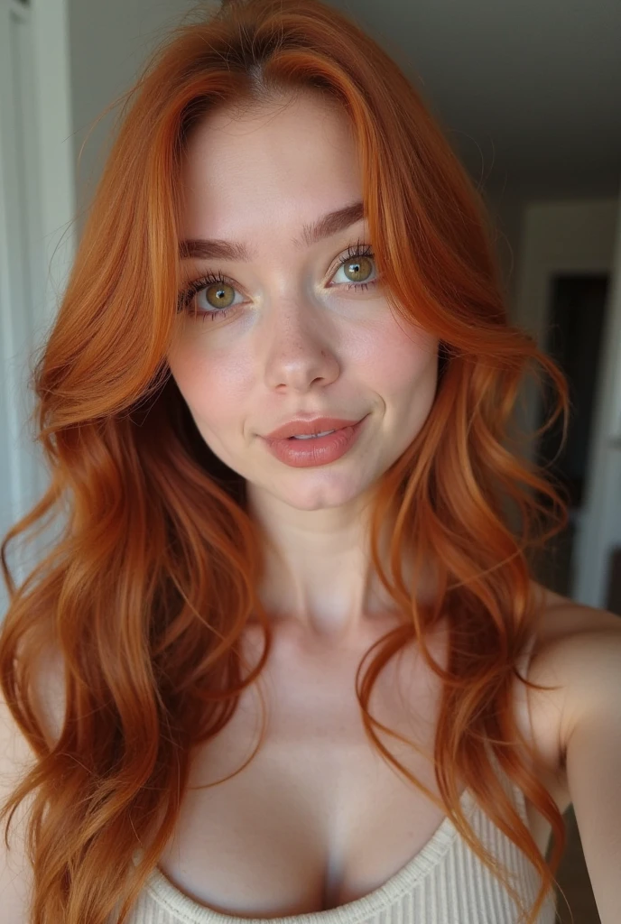 Red-haired girl, pretty, freckled, wearing a small string bra, looking at the camera with a smile, busty, aquamarine eyes, in a suit.