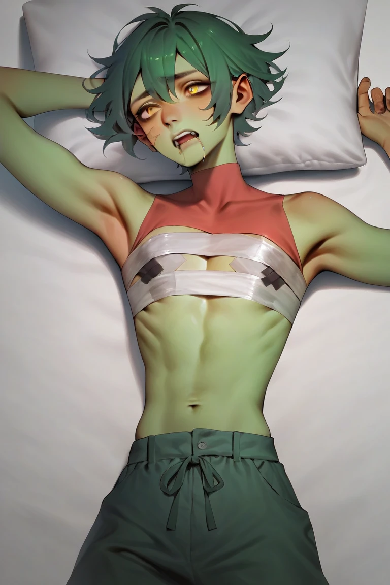 absurderes、​masterpiece、top-quality、realisitic、Hyper-detailing、(skin gloss、Sweatiness:1.4)、(((Angle from directly above)))、(16 year old woman、Hair with visible forehead、Bery short hair、Green hair、hyperdetailed face)、(Upper body naked、Panties underneath)、(Thigh:0.5)、动态照明、hight resolution、foco nítido、depth of fields、((small tits、very slender body、thin neck、skinny thigh)),((Show me your armpits、Lying on your back、Beautiful navel)),((open open mouth、Stick out your tongue、red blush、embarassed expression、Staring at the viewer))、(FULL BODYSHOT,Gonzo)、(Background blur),