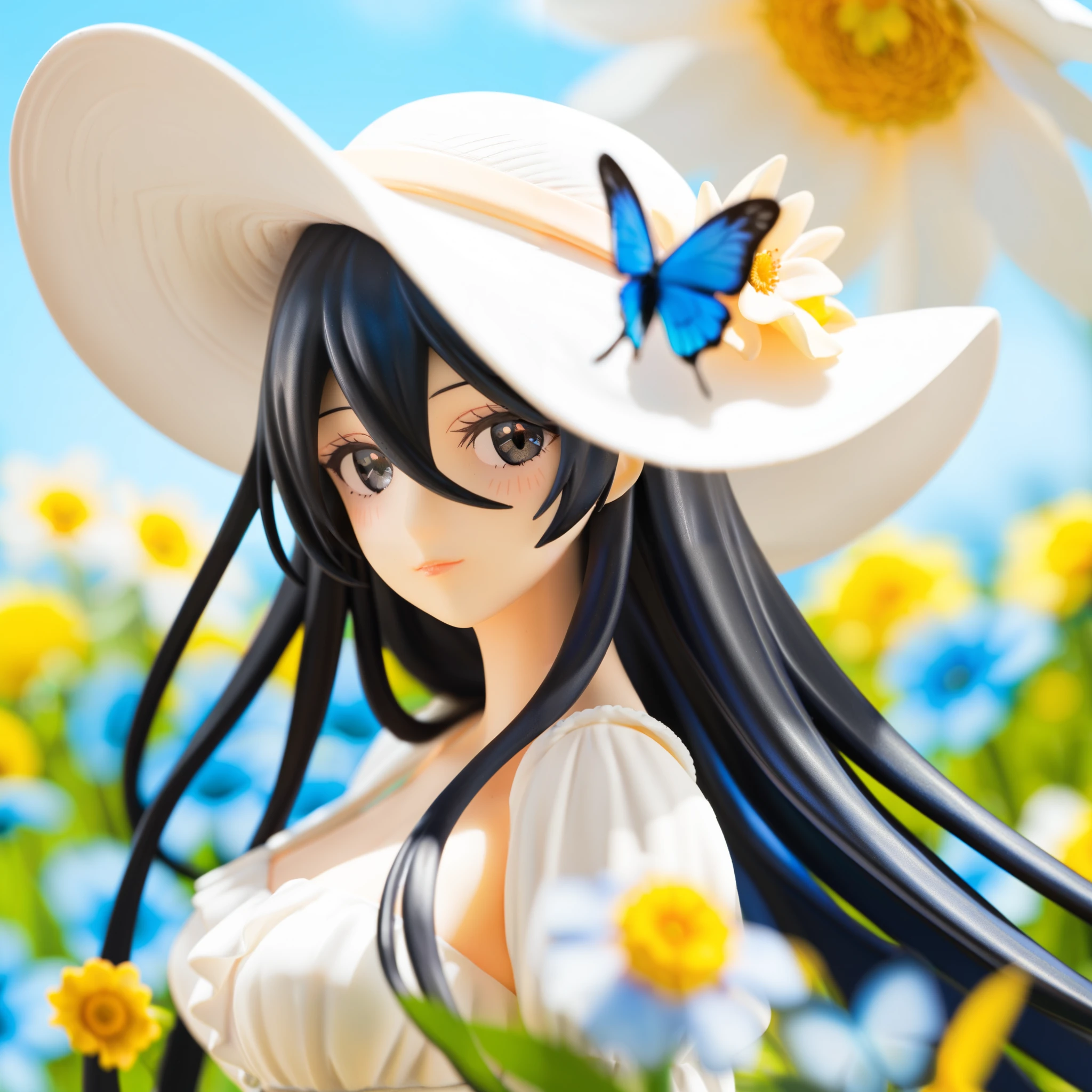 masterpiece, bang between eyes,amazing quality, sun hat,1girl, extremely long black hair, black eyes, shiny eyes, medium breasts, white dress, field, flowers, blue butterfly, looking at viewer,arms, upper body, Anime girl, Beautiful girl, slight mature