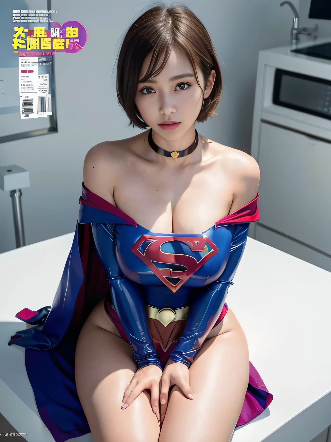 masterpiece、Rubber Supergirl Costume、short hair、Red rubber long boots、Big and ample breasts、looking at the camera、choker、Long sleeve、Cape、mini skirt、Off the shoulder、Sweaty skin、Hospital room、Photo magazine cover、Leaning forward、Beautiful thighs、Knee-length boots、wallpaper for pc、
