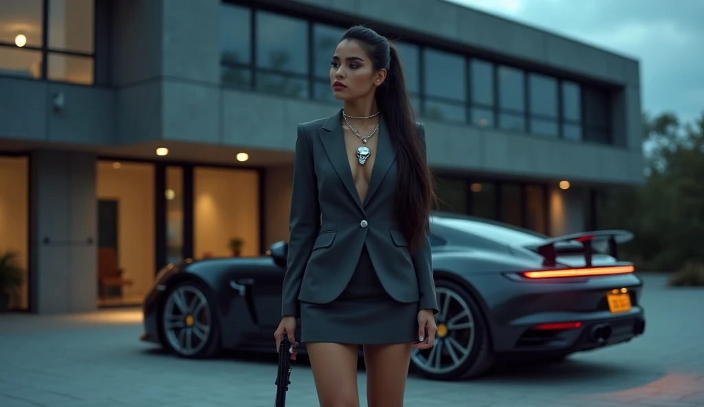 Ultra high resolution sharp eye ,black colour dressed girl standing with black colour Lamborghini, background of United Kingdom Street 