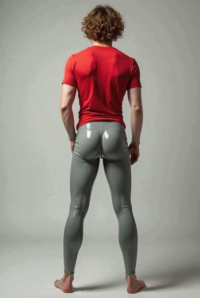 Fullbody standing picture of white skin Handsome muscular nude horny sexy gay man wearing skinny tight shiny orange latex ripped tights, shiny black Disconnected Pompadour oiled hair style, blue eyes, shiny varnished brown shoes, brown belt, red lip, six pack, chain, tattoos, horny, cum shot, sperm, milking penis, very big penis, very big testicle, shiny oiled skin, orgasm, oversexed, masturbation, standing at white lighting show room.