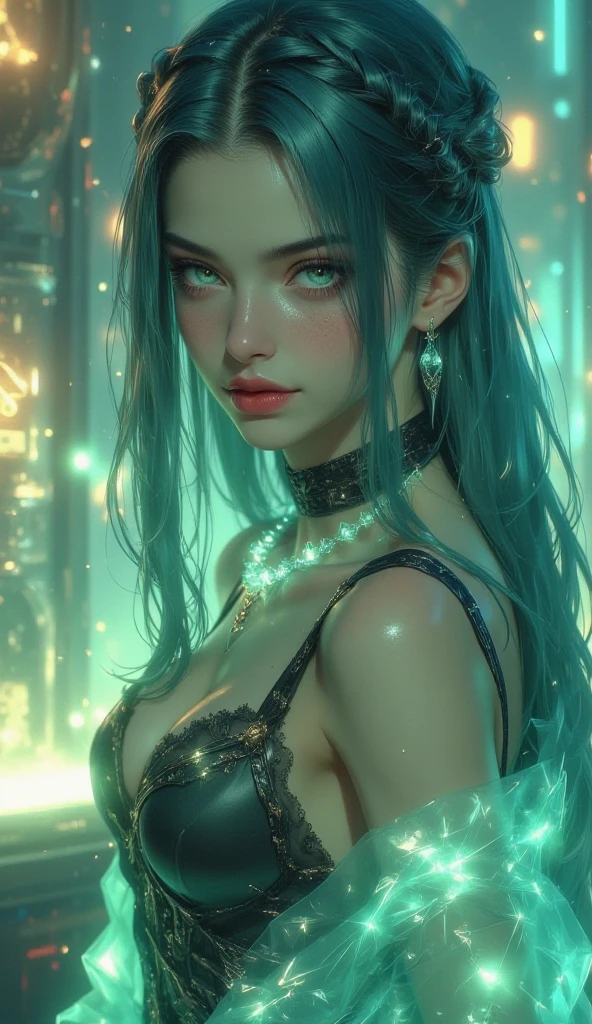 masterpiece, best quality, 1girl, ives , Mecha, beautiful lighting, (Neon light: 1.2), (night: 1.5), "masterpiece, best quality, 1girl, full-length portrait, sensual pose, green eyes, multicolored hair+silver:1.3+red:1.2+purple+yellow:1.3+green:1.3, sculpted legs and tempting curves, full breasts, pretty face, translucent silk nightgown, lots of water drops, cloud, Twilight, open plan, Watercolor , Neon light: 1.2, night:1.5, Mecha, beautiful lighting, bright neon light: 1.2, unforgettable mysterious night: 1.5"