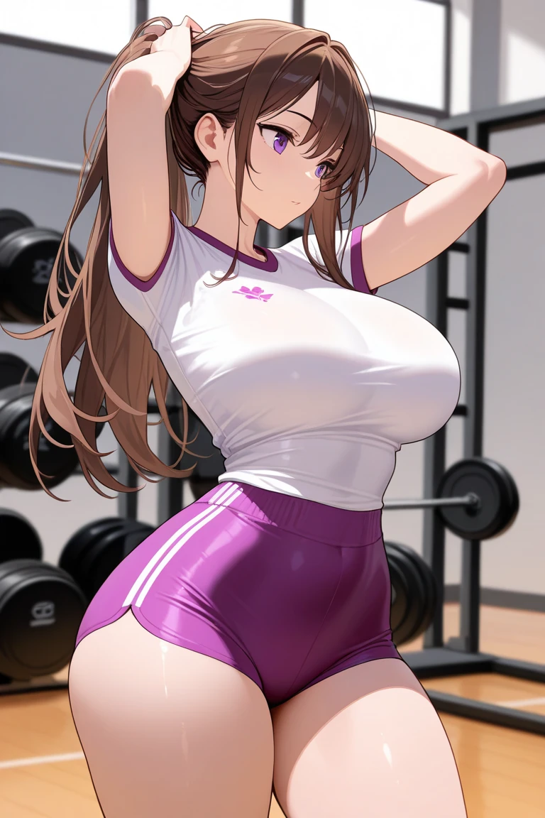 1 girl, short, thick thighs, wavy hair, light brown hair, green eyes, long hair, (((wearing a pink Fitness clothes))), ((Huge breasts)), ((thick thighs)), ponytail