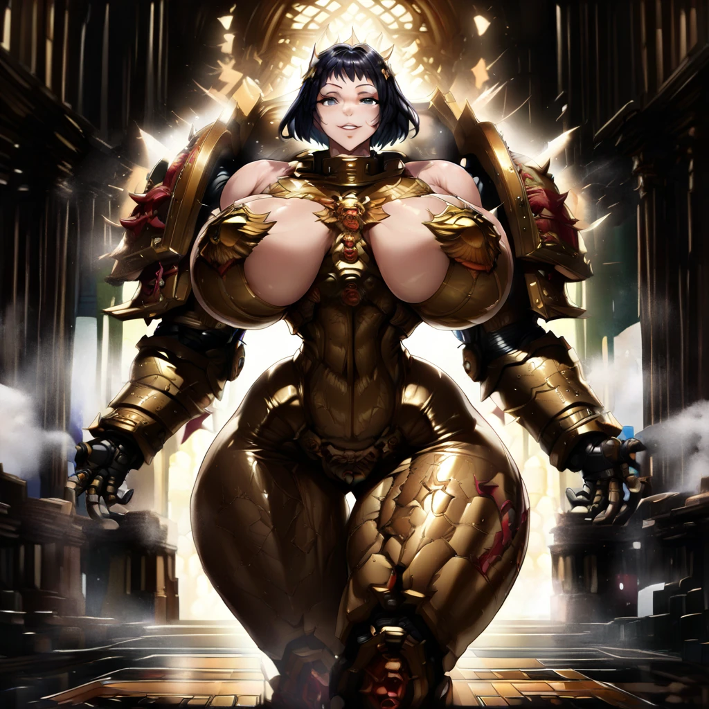 beautiful japanese young woman, wearing cyborg armor made of gold, thick symmetrical features, very short hair, background is cherry blossoms, pink aura, red lips, octane render, (Thick thighs:1.3), (huge breasts:1.4) ((sitting at school desk with legs spread,))