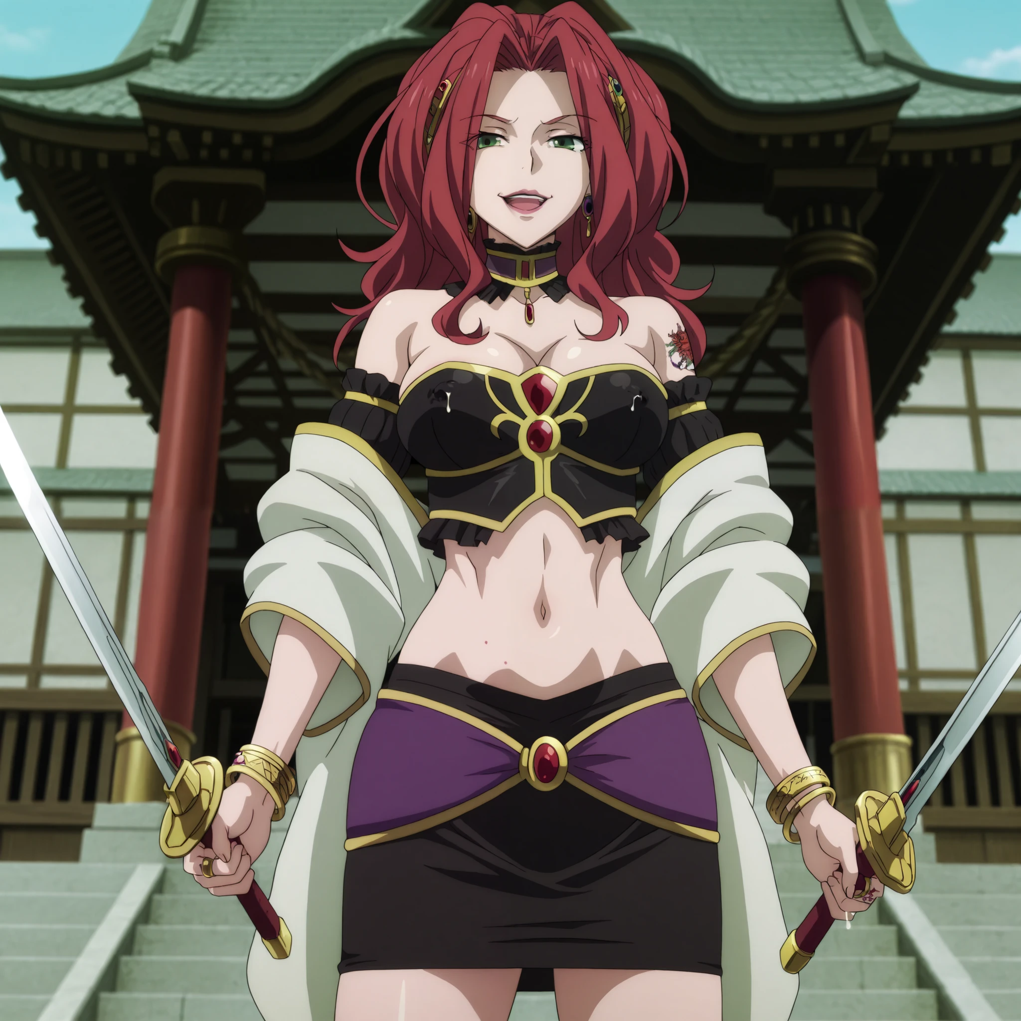 Malty Melromarc (The Rising of the Shiel) beautiful body,athletic body, beautiful breasts, bracelets,ring,braceletes,collar,tiara,visible private parts , ultra detailed image, anime image ,girl, anime malty, medium Breasts, excitement, red hair, green eyes , ear piercing, long hair, lipstick,Hot girl, baddie, sensual, attractive ,jewelry, earrings, large breasts, long hair, attractive , masterpiece , best quality , highly detailed , a girl in kimono dress , holding sword , bare shoulder , open kimono , evil smile , open mouth , crop top , (nsfw) not safe for work , smile , , official artwork , beautiful girl , kimono pencil skirt , exposed belly , exposed navel , , in a palace , exposed midriff , exposed lower belly , outdoor , japanese architecture , temple , nipple slip , breast milk , , milk dripping from nipples ,, dragon tattoo , narrowed eyes , tattoo midriff ,, dual wielding, open arms sideway, arms T-pose, smirk, standing, anime girl T posing