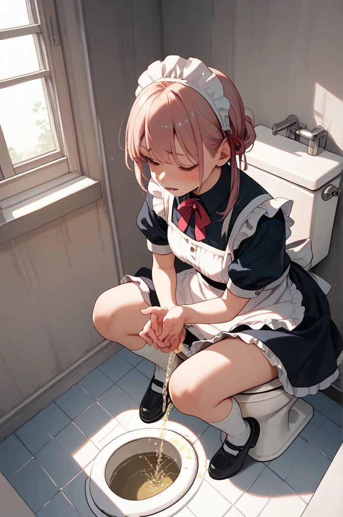 ((Best quality)), ((masterpiece)), (detailed), perfect face, full length in a pink skirt, and kneeling on the ground in pink and black striped thigh-high socks, eyes averted, hands away from mouth, and an open face, covered with sperm, while sucking dick through a glory hole in a toilet stall, skirt lifted, Thongs are visiblevisible, вид сверху
