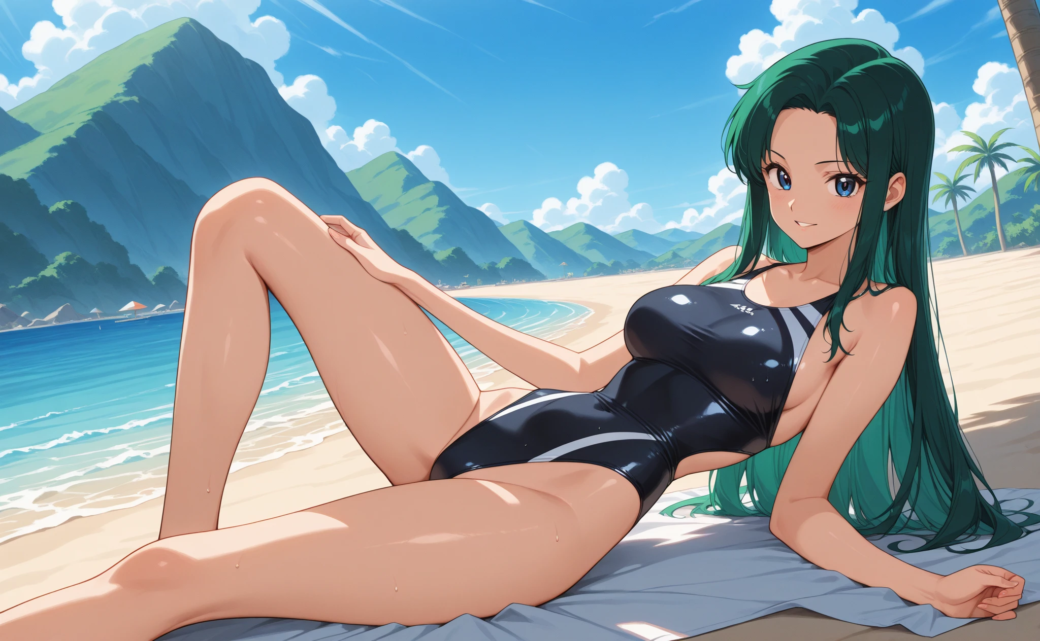 masterpiece, high quality, very sexy clad woman is posing on a beach, 1girl, solo, one-piece see-through swimsuit, black swimsuit, green hair, long hair, side-parted hairstyle, large breasts, green eyes, see-through, sandals, blush, kneeling, smile