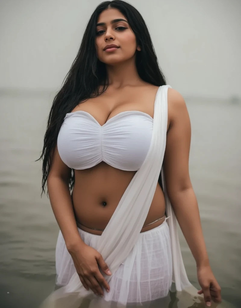 srabanti chatterjee Indian beautiful actress curvy plus size hour glass bulky figure woman, closeup camera view, wearing SHEIN Tween Girls' Knitted Color Block Crop Top With Round Neckline And Knitted Swimsuit Set, different style hairstyle, bright eyes, thin eyebrows, fair skin, blushing cheeks, prefect head to toe view, full body view, Sunset Beach: A sandy beach with golden hues, crashing waves, and romantic sunsets. smile face, black hair, Indian face, perfect skin tone light, ultra realistic skin texture