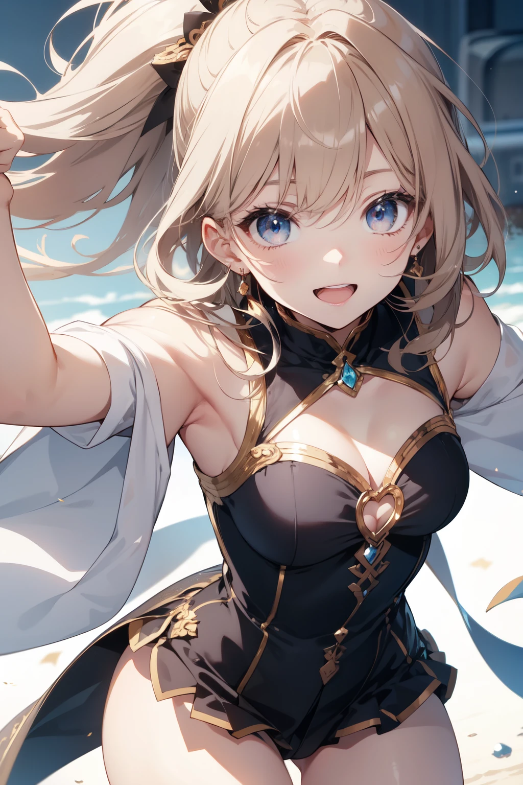 best qualityer,detail-rich,4K,Orange and blue staggered background，long hair girl，Round earrings，largeeyes，Messy hair，Blue eyes，Large chest，Shoulders exposed，Surprised expression，Fair skin is smooth。 Cinematic lighting,