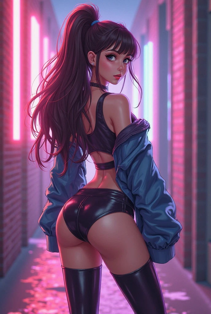 portrait of 1girl solo, Half-Up Half-Down with Hair Clip, Cheeky panties with a ruched back., headshot, face focus, Leaning against a pillar or column, looking thoughtful and introspective, City of Neon Lights and Reflections, masterpiece, immaculate, highly detailed, detailed,
