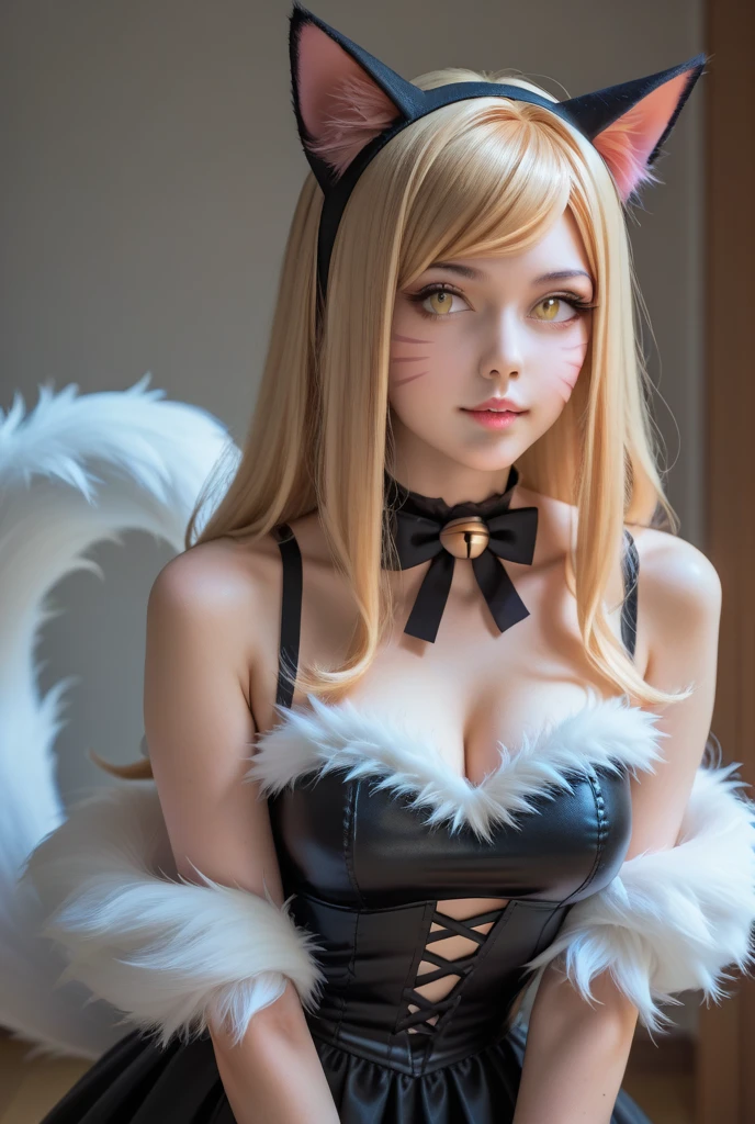 sexy swedish model, (-anime), only 1 model, very short hair, beautiful smile, lip-gloss, long lashes, defined eyebrows, long fur fox color scheme, ((long fur fox cosplay)), fox ears, fox tail, fox choker, look at the camera, cinematic light, (sparkling long fur background), sweet and sexy pose