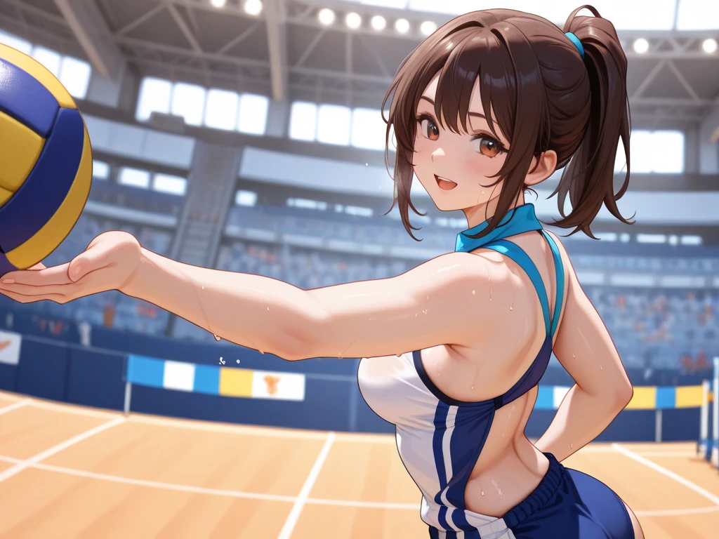 Live Sports, 8k wallpaper, Anatomically correct, (((masterpiece))), (((highest quality))), (((Very detailed))), (((High resolution))), ((Ultimate cuteness)), Perfect hands, Perfect Fingers, (((Excellent anatomy))), Beautiful face in every detail, Sparkling brown eyes,Shiny brown hair, (A little chubby), Small Ass, Small breasts, ((Thick thighs)), (((alone))), ((Captivating smile)), (((blush))), , break,(((Getting naked during a volleyball game))),the audience is cheering,I get hot while playing volleyball.、I took off my uniform.,I took off my pants too, (((Completely naked ))),(((Completely nakedでバレーボールのサーブを打つ))),The perfect angle for great plays,(Inserting the penis into the vagina), The pussy juice soaked in, (((covered in 汗))), ((take a deep breath)), On the volleyball court, indoor, (((The vaginal opening is fully open))),Lighting, Show Viewer, whole body, (Voice of the Heart)