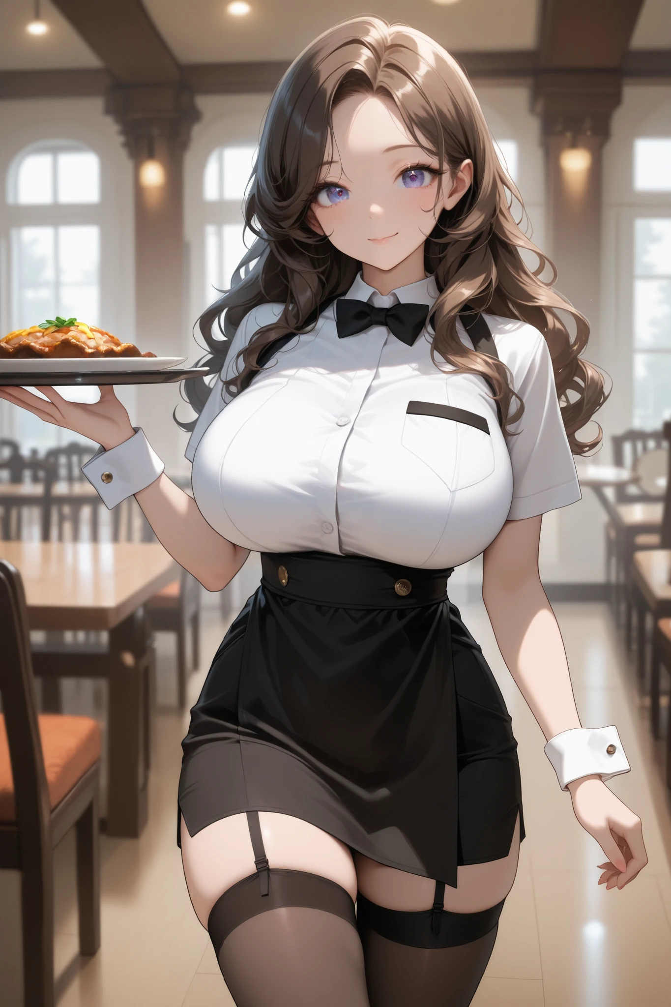 1lady solo standing, dirndl, (mature female:0.8), /(brown hair/) bangs, blush kind smile, (masterpiece best quality:1.2) delicate illustration ultra-detailed, large breasts BREAK /(casual restaurant/), indoors, detailed background