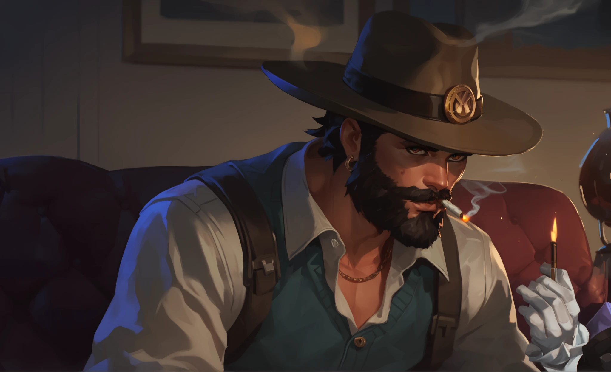 Overwatch，McRae，Smoking and sitting on the couch