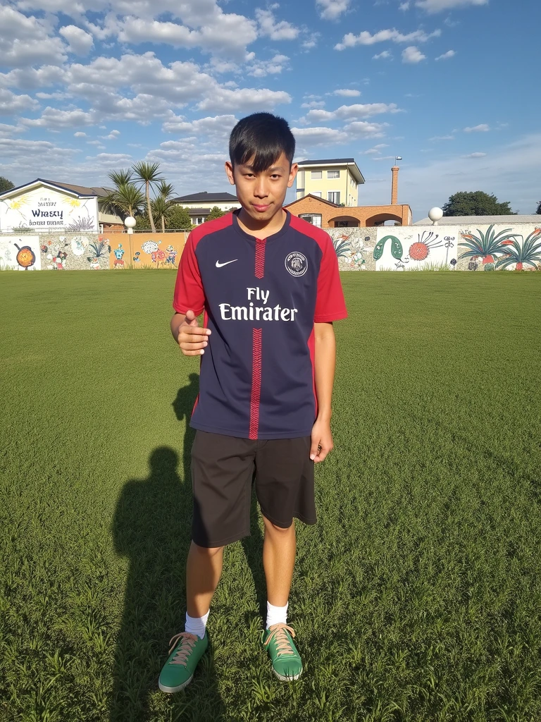 there is a young boy standing in a baseball uniform, thawan duchanee, mohamed chahin style, wearing a school soccer uniform, captured on iphone, old picture, nivanh chanthara, wearing a volleyball jersey, with a park in the back ground, mohamed chahin, shot on iphone 1 3 pro max, taken with the best dlsr camera
