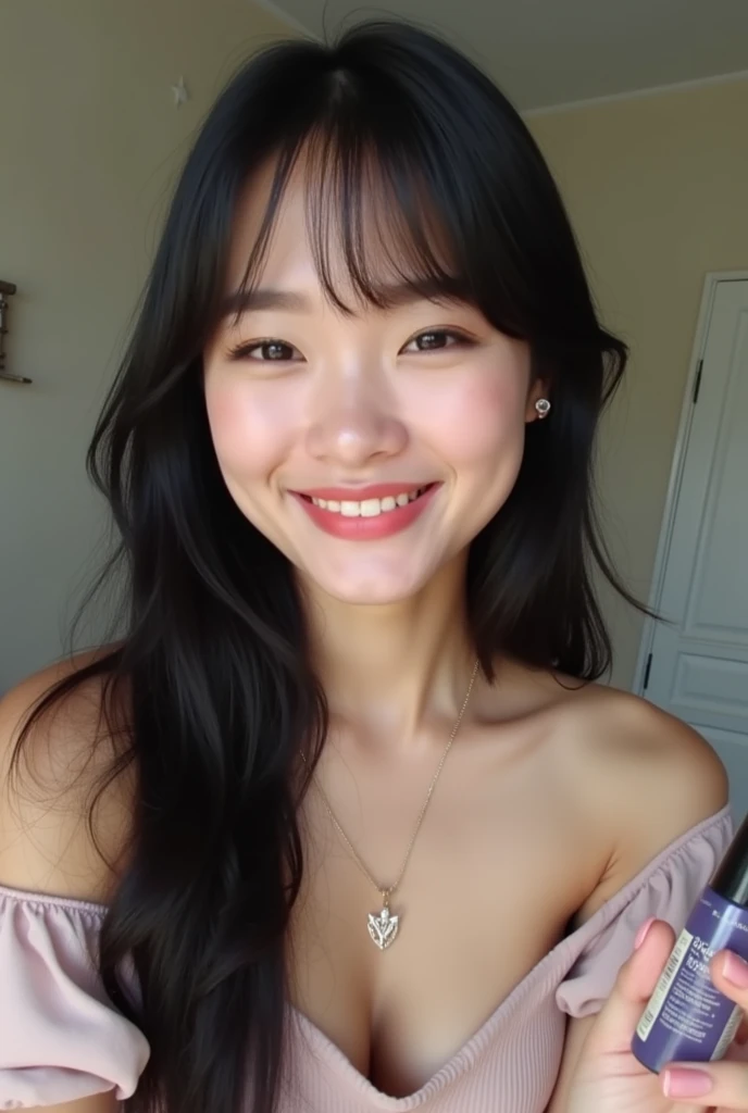 "A close-up shot of the face of a beautiful woman with long hair in a navy blue swimsuit in a bedroom. She has a straight nose, double eyelids, and is smiling while looking directly at the camera."