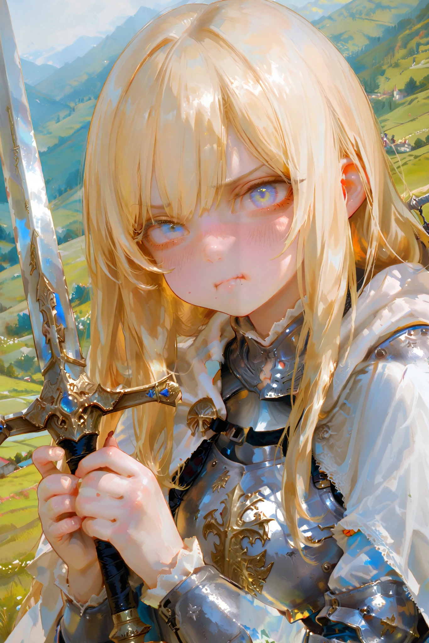 masterpiece, best quality, Detailed Eyes, clear color, girl, fantasy, clumsy, cute face, 8k, semi_realistic, medieval armor, blonde long hair, skyblue eye, white cape, packing two handed sword, hill background, embarrassed, pout face, looking at viewer