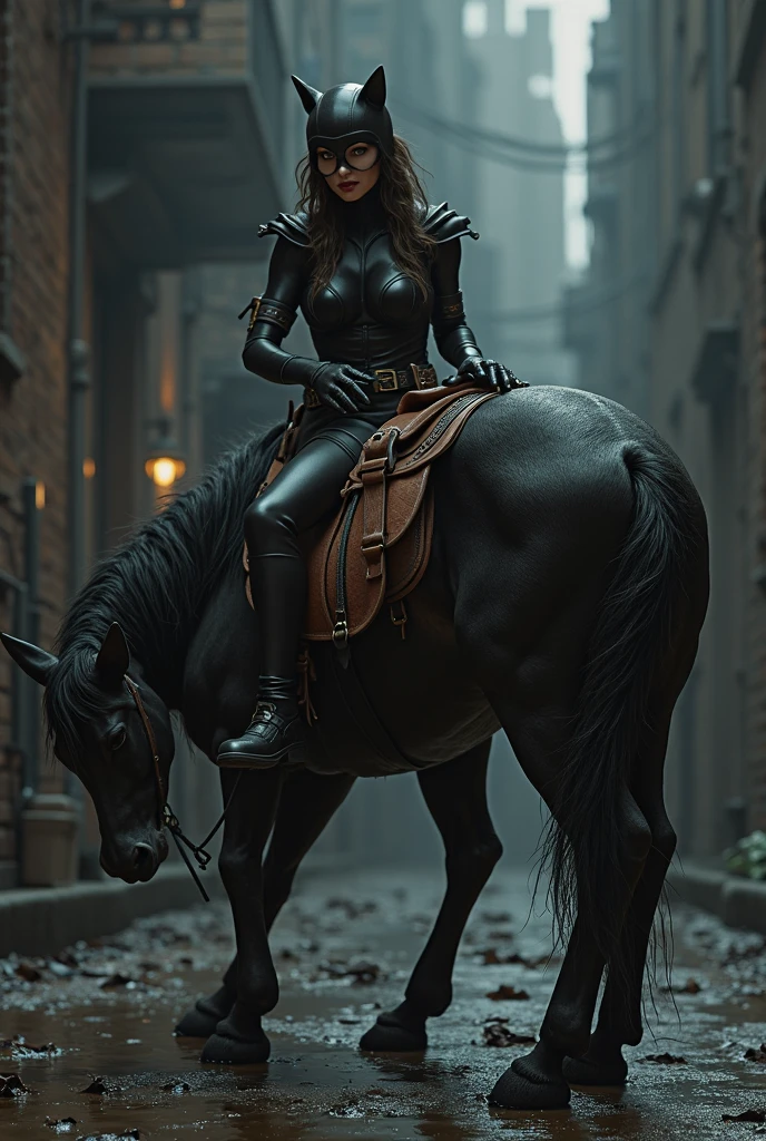 batman and catwoman riding together on the same horse ((a beautiful, strong, shiny fur, black and expressive eyes, Black Steed)), Batman is riding bareback without a saddle on the Black Corvel and Catwoman is sitting in front of him on the Black Steed, are riding in Gotham city municipal park, a beautiful couple on valentine's day, realistic, high definicion, ultra resolution, ultra definicion, detailed, Fujifilm XT3, Dark ilumination, intensity, dramatic, romantic, 64k