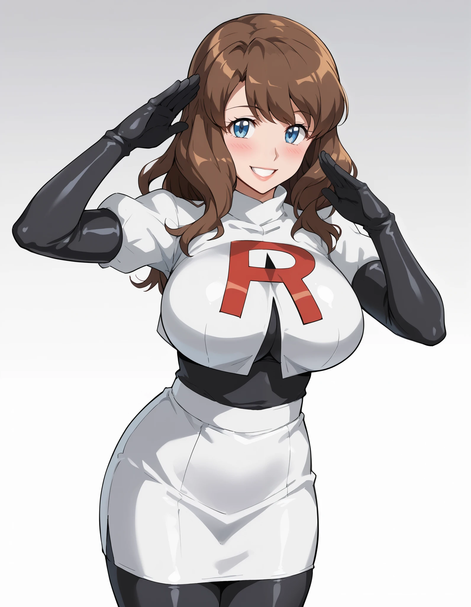 score_9, score_8_arriba, score_7_arriba, score_6_arriba, score_5_arriba, score_4_arriba, source _anime, a girl, Alone , brown hair, mature female, Long Hair, huge breasts, hanging breasts, Smile, blush, looking at the spectator,blue eyes,detailed eyes,high definition eyes,cosplay_Team Rocket, Team Rocket uniform, white jacket, cropped jacket, white skirt, elbow gloves, high black tights, absolute territory,,Black and white gradient background, Yellow and black gradient background,soldier salute, challenging look, smiling, of foot, at the waist,
