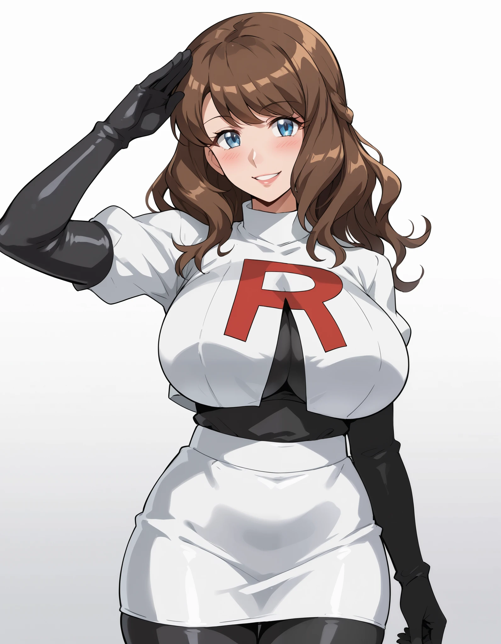 score_9, score_8_arriba, score_7_arriba, score_6_arriba, score_5_arriba, score_4_arriba, source _anime, a girl, Alone , brown hair, mature female, Long Hair, huge breasts, hanging breasts, Smile, blush, looking at the spectator,blue eyes,detailed eyes,high definition eyes,cosplay_Team Rocket, Team Rocket uniform, white jacket, cropped jacket, white skirt, elbow gloves, high black tights, absolute territory,,Black and white gradient background, Yellow and black gradient background,soldier salute, challenging look, smiling, of foot, at the waist,