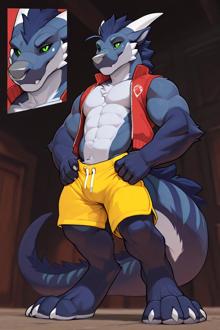 Masterpiece, Solo, Furry Light Blue Wolf, Light Blue Fur,Dark Blue Eyes, Dragon Wings, Bulking Body, Dad bod body, Cool Pose, Charming, Handsome, Life Guard outfit, wearing cap, big dick