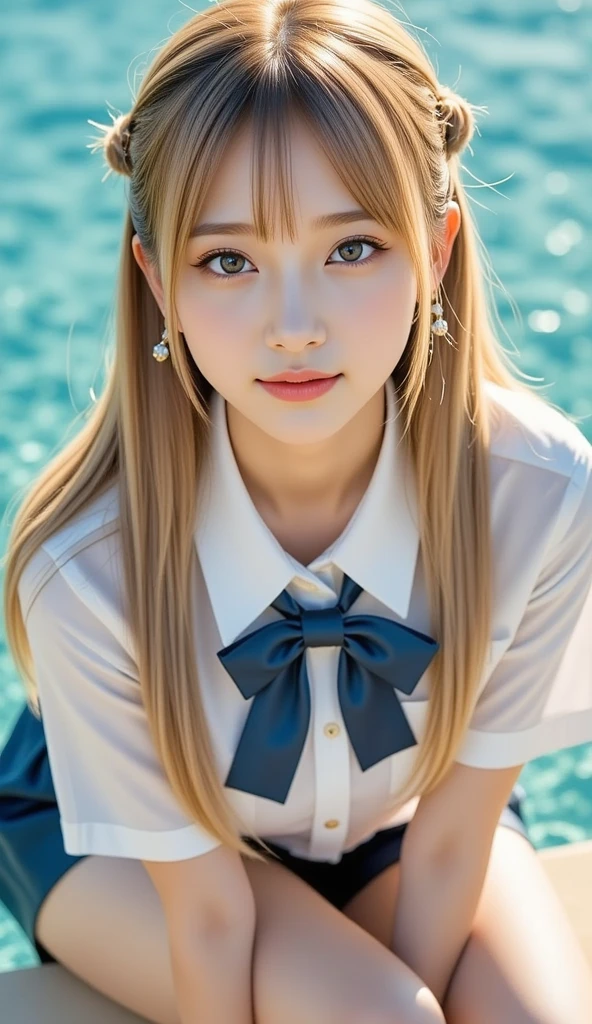 (​masterpiece), (top-quality), (school girl uniform:1.5), (Ultra short skirt:1.5), (Ultra short uniform:1.5), (blushed face:1.3), (barechested:1.3), (Spilling boobs:1.4), (realistic:1.5), 1 little girl, precise small hands, Embarrassed look, Smile, extremely cute girl, baby face, Clear eyes, Shining eyes, small breast, side boob is visible, cleavage of the breast is visible, The buttocks is visible, The crotch is visible, No pubic hair, The beautiful skin, ultra-definition, Top resolution, golden hair, in the park
