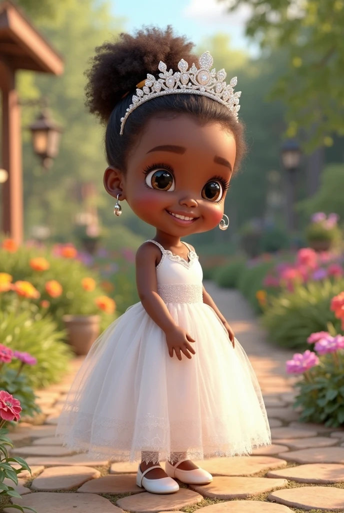 I want a baby who looks like me, brown with eyes like mine and chubby cheeks, with curly brown hair with a comb and a lilac bow. I want her little outfit, a little dress with lilac details. realistic image entering the wedding with the rings