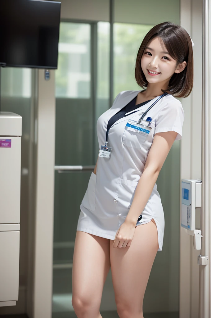 ,Practical,(Ultra-high quality:1.2),2 Japanese,high quality,masterpiece,(Super detailed:1.4),Japanese,beautiful eyes,Pretty Face,Real background,Female Doctor. Work in a hospital,White coat with skirt,(Full breasts), (Black socks),(Legs close-up)short hair