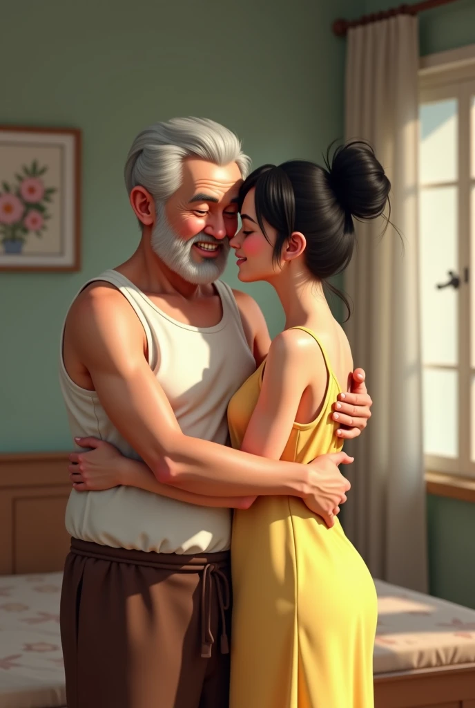 photography, happy father and daughter moments, sincere smiles, Love and gratitude, warm hugs and kisses on mouth, hands on her small boobs, welcoming atmosphere, picturesque landscape, soft light, vibrant colors.