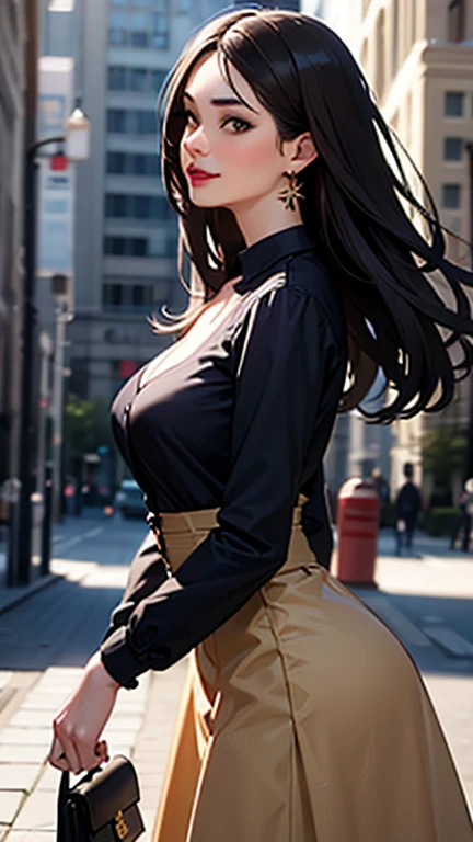 (best quality:1.5, highres, UHD, 4K, detailed lighting, shaders), brown floral haired, gradient hair, blwck eyes, large breasts, suit, gray shirt, social shirt, short pants, mature woman , (pov), white background, colorful eyeshadow, dramatic lighting, sparkling eyes, sensual expression, golden earrings, flowing hair, delicate facial features, dark skin, high cheekbones, urban setting, white background, dont look for the camera, lean forward, ( pose : behind the camera)