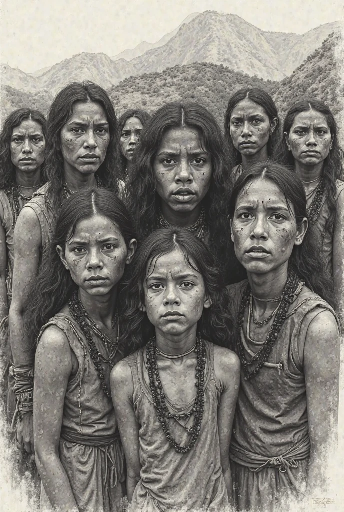A powerful, photo-realistic depiction of a group of nude young Korean females, aged around 20, belonging to a primitive cannibal tribe. Their bodies are toned and muscular, a testament to their harsh lifestyle and constant struggle for survival. Each woman boasts long, flowing white hair that reaches down to their waists, starkly contrasting with their deeply tanned and sweat-glistened skin. Their nudity is adorned only by intricate, handcrafted necklaces made of bones and feathers, symbolizing their fearsome status within the tribe. They stand in a semi-circle, their expressions a mix of fierce determination and feral hunger, with their eyes highlighted by the flickering firelight that illuminates the scene. The background is a dense jungle, with vines and foliage entwining around their limbs, emphasizing their wild, untamed nature. The center of the group is occupied by the most muscular and dominant member, her sculpted abs and biceps rippling as she hoists a freshly caught prey over her head. The prey's body, still warm and dripping with life, hangs limp, a grim offering to the tribe's insatiable appetite. The surrounding females look on, some licking their lips in anticipation, others sharpening their teeth and weapons, ready to partake in the communal feast. The scene is suffused with a raw, primal energy, each detail meticulously rendered to evoke a sense of danger and unbridled savagery that could only exist in the most untouched corners of the world.