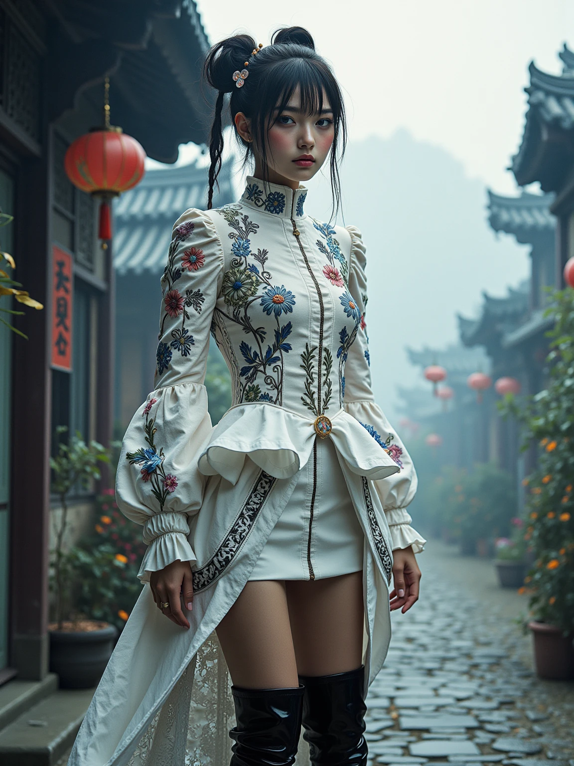 hyper realisitc,The whole body is like a scene,Fine art film style,Wear a futuristic silver metal outfit,Very beautiful Japanese woman,Hong Kong-style street,An amusement park,There are many falling flowers and petals around,Super realistic,overcast day,Future Science and Technology City,Vivid colors,dream-state,Dream World